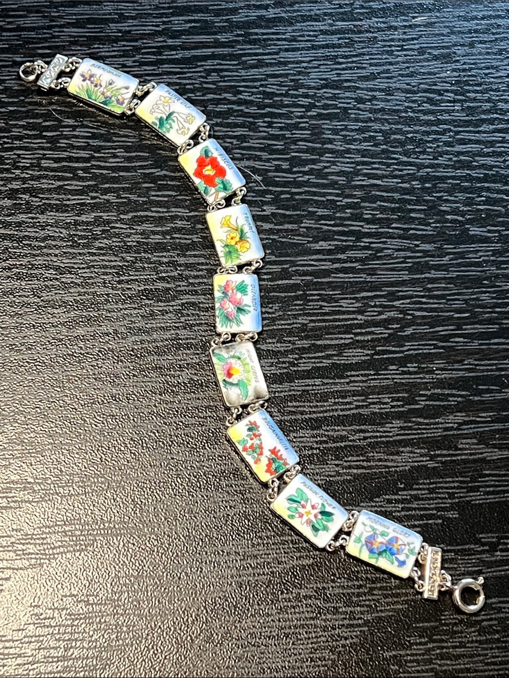 Vintage Art Deco Artisan Handpainted Enamel Flower Panel Silver Plated Bracelet